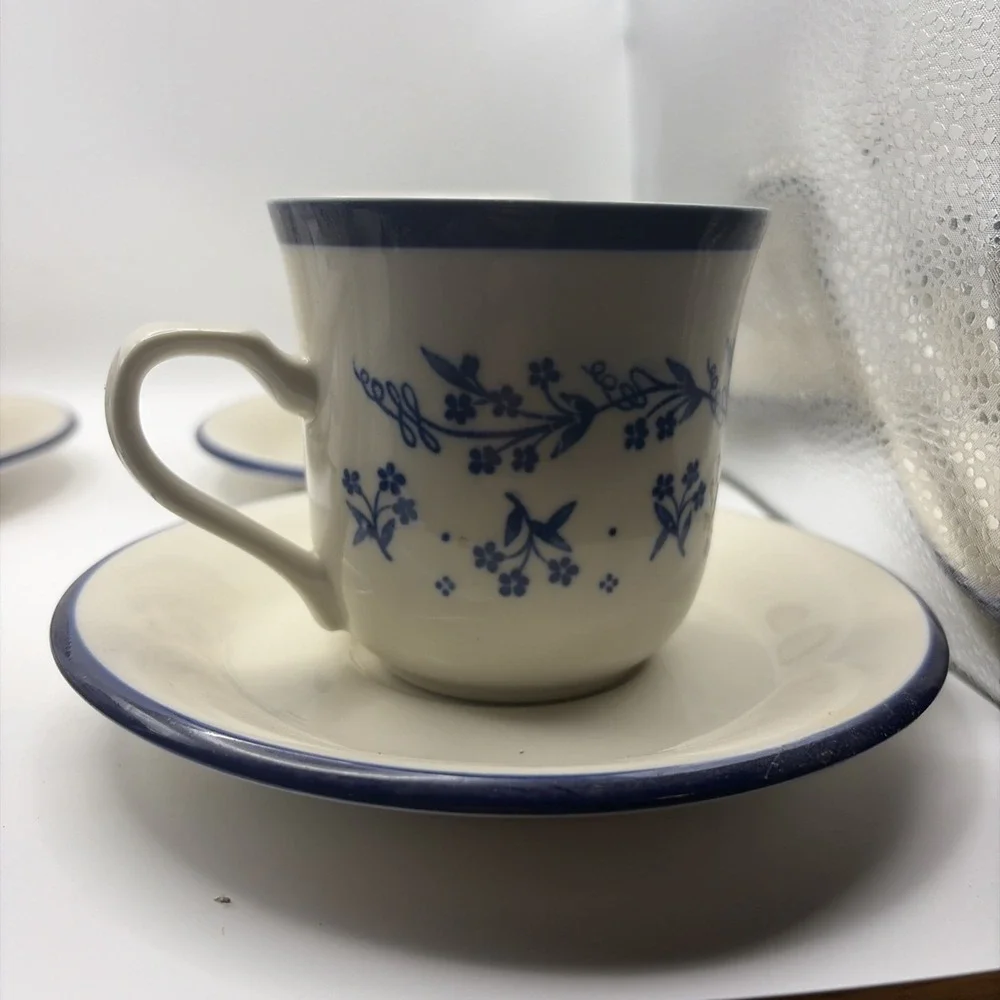 4 Sango Provence 260 Bouquet Blue Coffee Tea Cups & Saucers French Country Set